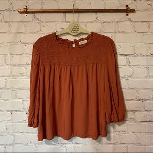 Roolee burnt red smocked 3/4 sleeve top